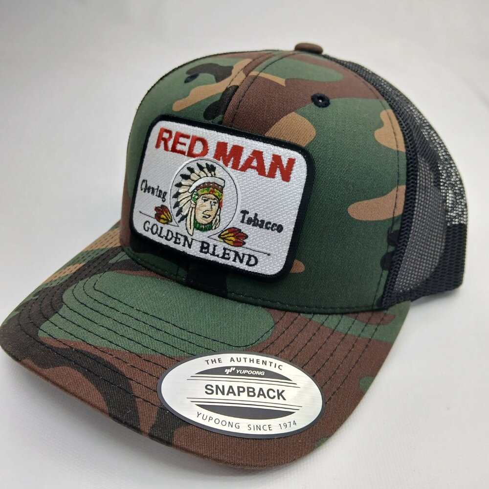 Camo And Black Mesh Snapback Red Man Patch Curved Bill Hat - Picture 4 of 4